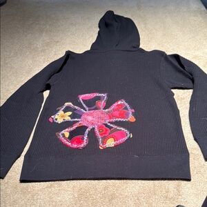 Women’s Black Hoodie zipper front beautiful floral patch on back never worn!